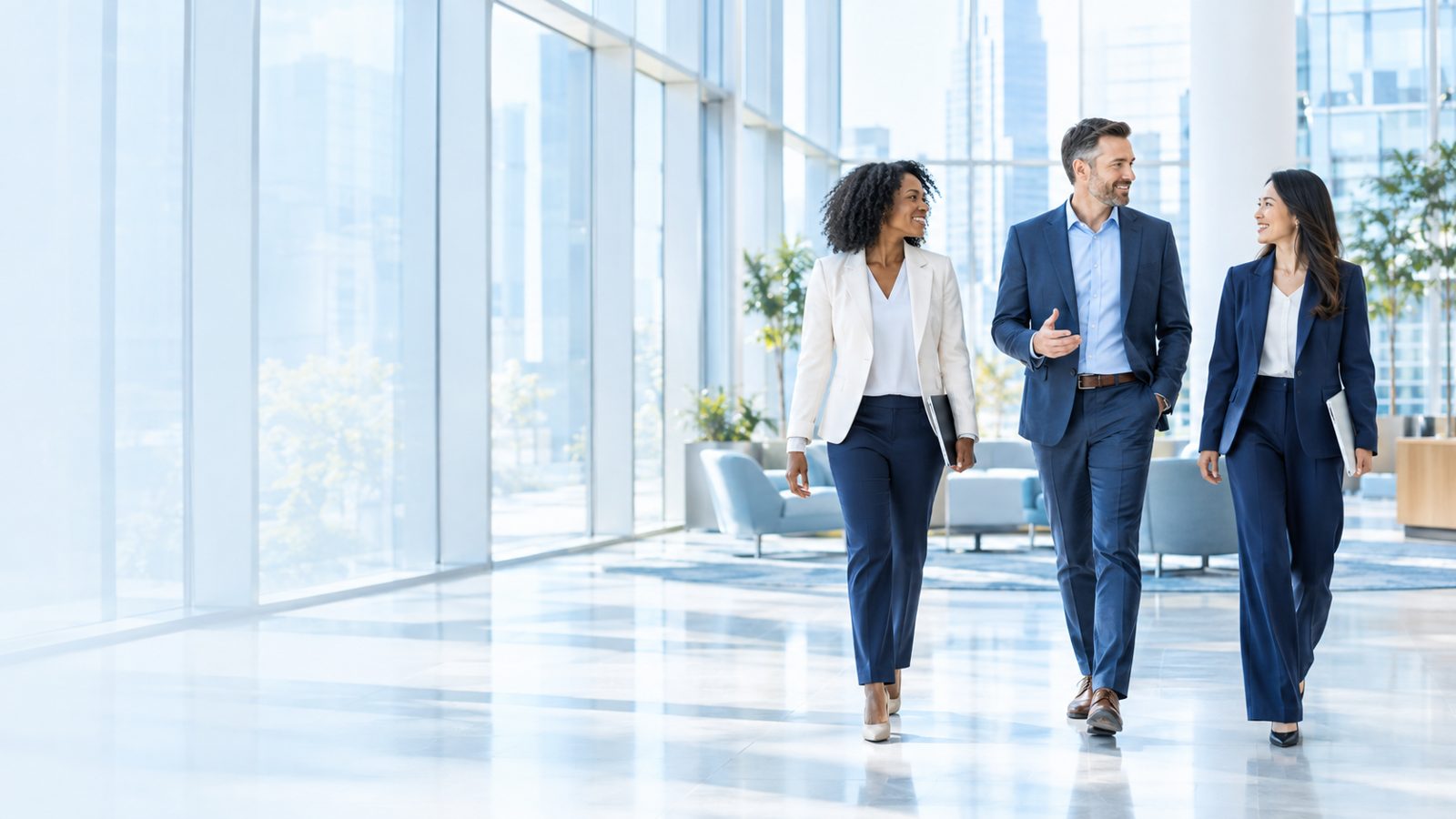 Three business leaders walking through a sunlit corporate lobby